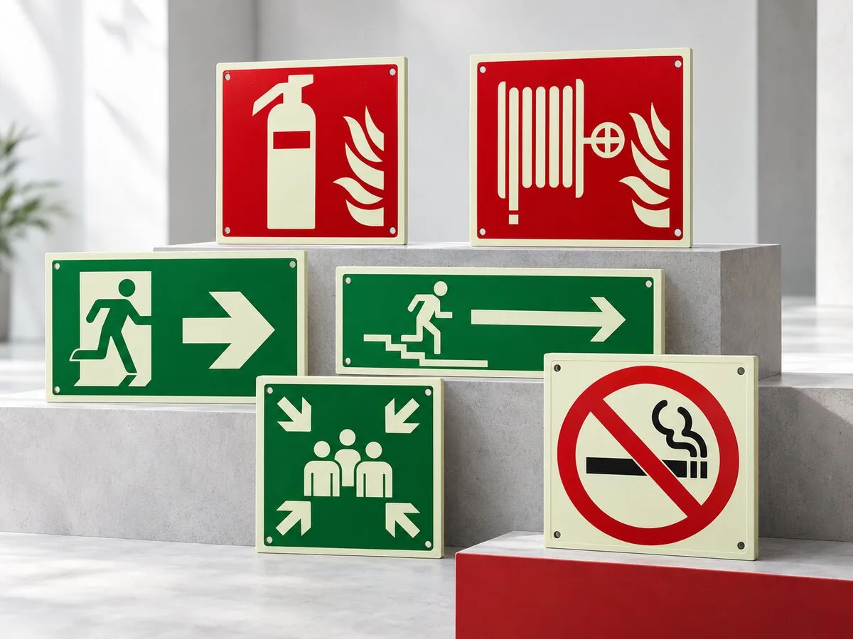 Muestra de señalización fotoluminiscente FSI para equipos, rutas y prevención